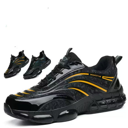 Black safety shoes with yellow stripes and durable sole, breathable mesh design