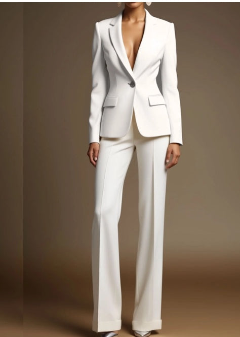 White Blazer Suit - Tailored Two-Piece Women's Office Wear Set