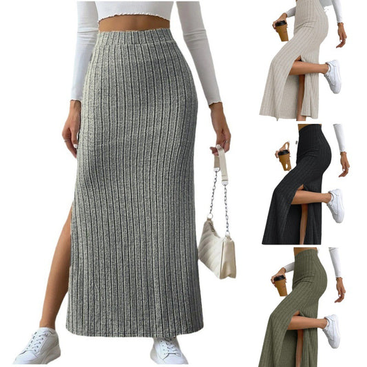 Spring Long Skirt | High Waist Side Slit | Slim Fit Knitted Women's Dress