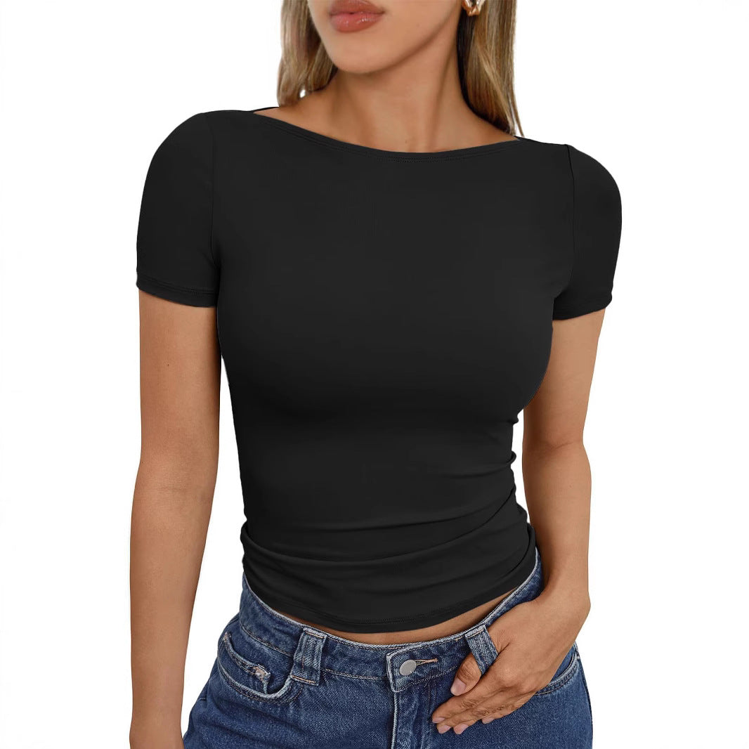 Slim Fit Tops - Round Neck Short Sleeve Polyester Pullover For Street Fashion