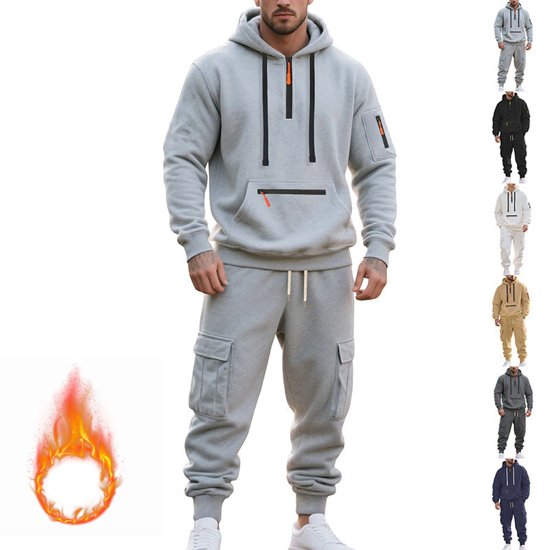 Men's Sports Hoodie Set - Polyester Fiber Two-Piece Tracksuit with Multi-Pocket Zipper Jacket
