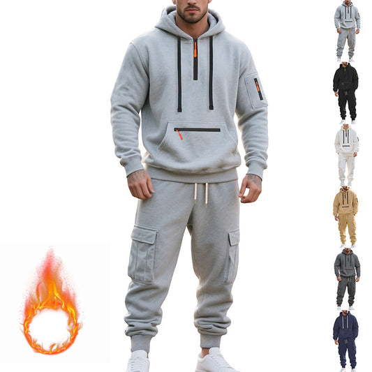 Men's Sports Hoodie Set - Polyester Fiber Two-Piece Tracksuit with Multi-Pocket Zipper Jacket