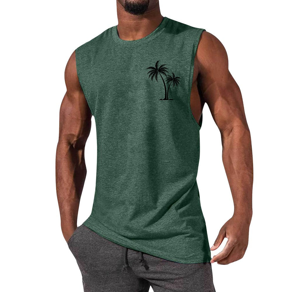 Men's Workout Tank Top - Summer Fitness Vest With Coconut Tree Embroidery
