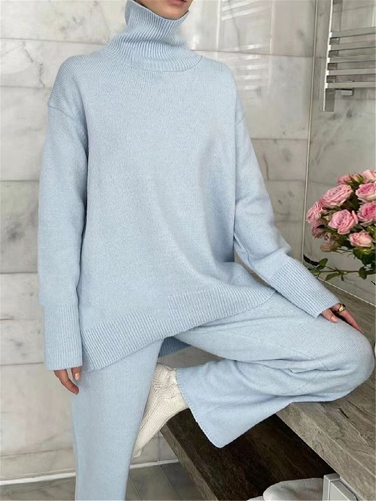 Knitted Tracksuit Set - Women's Two Piece Clothing With Turtleneck Sweater & Pants