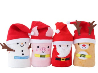Four plush Christmas characters wearing Santa hats: snowman, pig, Santa, and reindeer with antlers