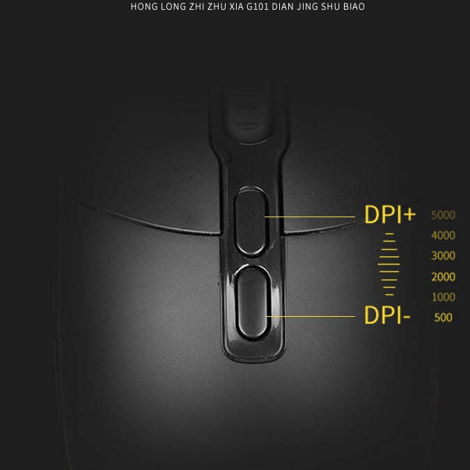 Close-up of black gaming mouse with DPI+ and DPI- buttons and yellow DPI levels from 500 to 5000
