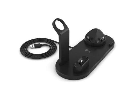 Black multi-device wireless charging station with USB cable, watch stand, and phone/earbuds docks