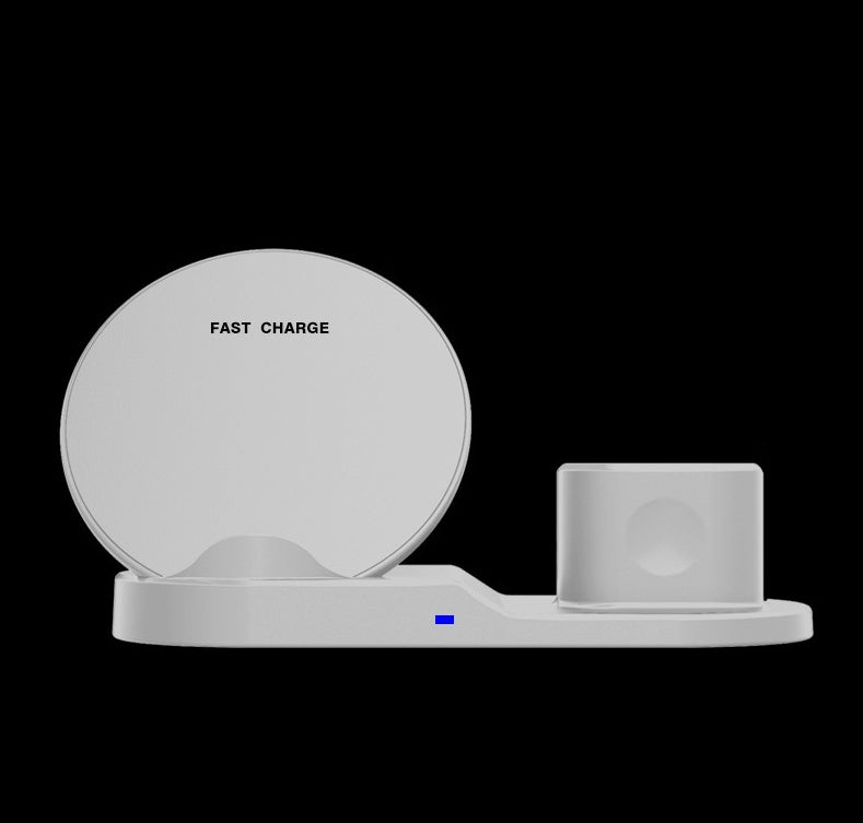 White wireless fast charge station with circular pad and rectangular stand on black background