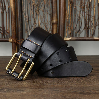 Vintage Leather Belt – Handmade Cowhide Brass Buckle Classic Men's Accessory