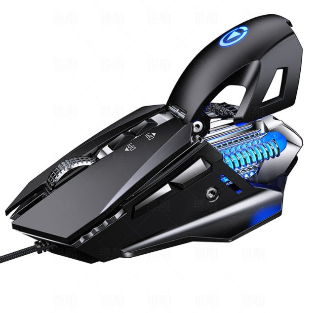 futuristic black gaming mouse with adjustable design, blue LED light, and braided cable