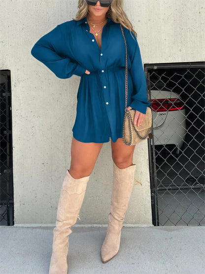 Women's Long Sleeve Jumpsuit - Lace-Up Button Shirt Dress, Stylish Spandex