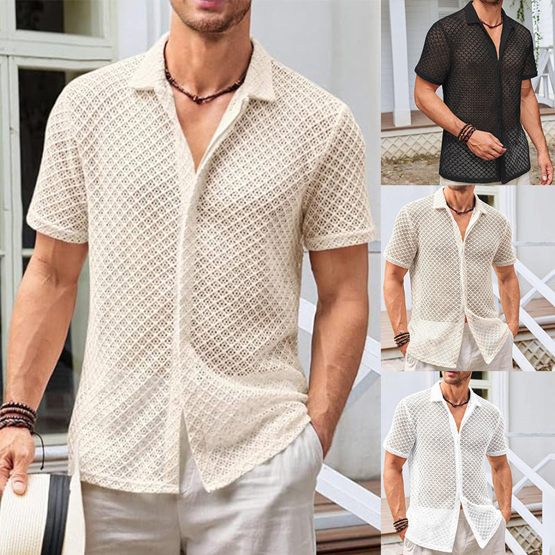 Summer Mesh Shirt - Men's Beachwear Short Sleeve Top With Lapel Collar