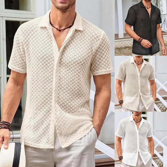 Summer Mesh Shirt - Men's Beachwear Short Sleeve Top With Lapel Collar