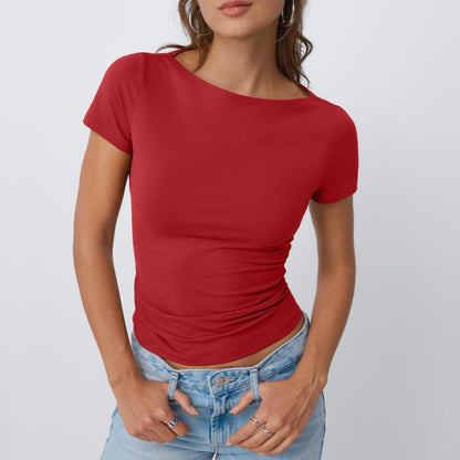 Slim Fit Tops - Round Neck Short Sleeve Polyester Pullover For Street Fashion