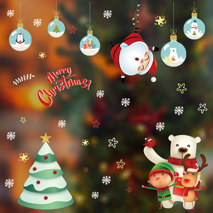 Christmas greeting card with Santa, Christmas tree, polar bear, elf, reindeer, and festive ornaments