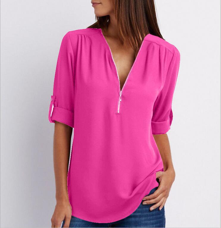 Zip V-Neck Shirt Women - Loose Short Sleeve Tops, Breathable Dacron Fabric
