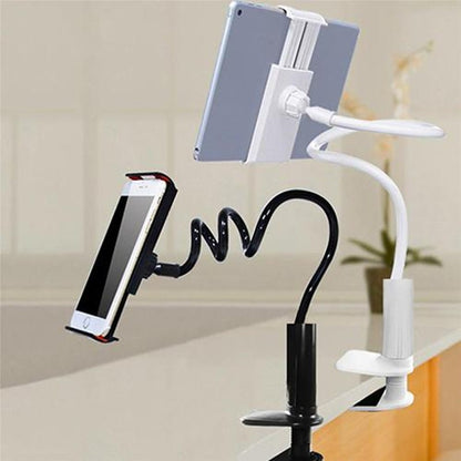 Adjustable dual flexible arm phone and tablet holders clamped to a desk edge