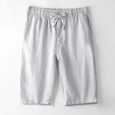 Light gray casual men's shorts with elastic waistband and drawstring on white background