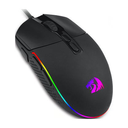 Black wired gaming mouse with RGB lighting and textured side grips featuring dragon logo