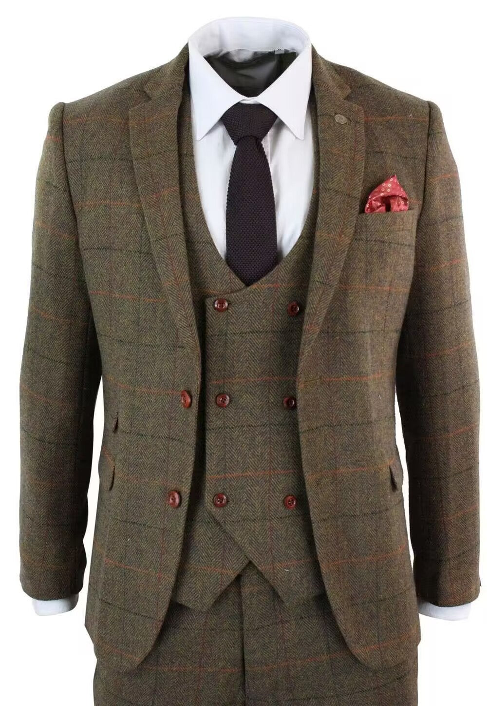 Brown plaid three-piece men's suit with white shirt, black tie, and red pocket square