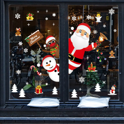 Christmas window decals featuring Santa Claus, snowman, reindeer with Merry Christmas sign, snowflakes, and festive decor