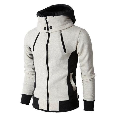 Gray and black zip-up hoodie with high collar, dual front chest zippers, and black hood lining