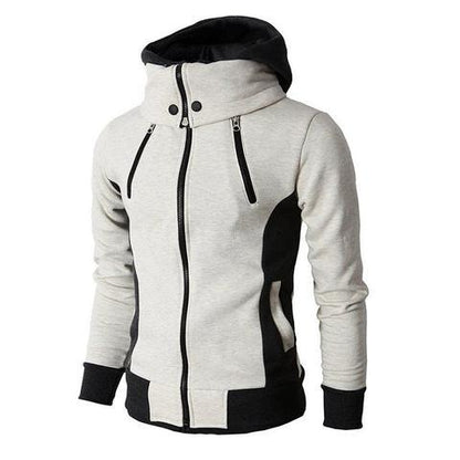 Gray and black zip-up hoodie with high collar, dual front chest zippers, and black hood lining
