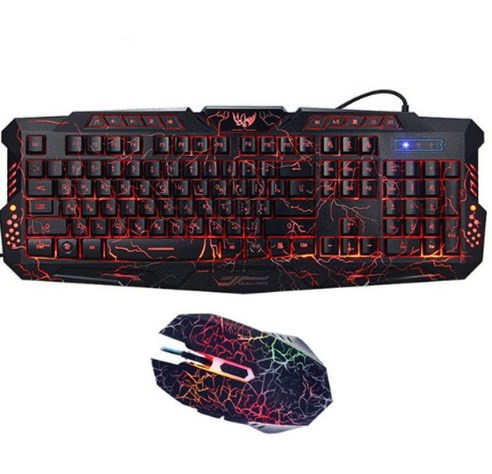 Gaming keyboard and mouse set with red and multicolor crackle design and backlit keys