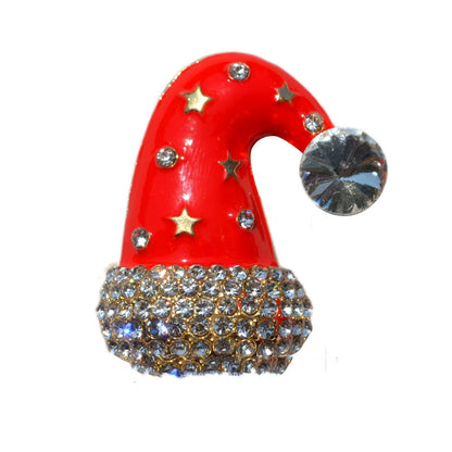 Red Santa hat brooch decorated with gold stars and clear rhinestones on white background