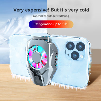 Smartphone cooling fan attached to ice-covered phone with colorful LED lights and refrigeration up to 10°C
