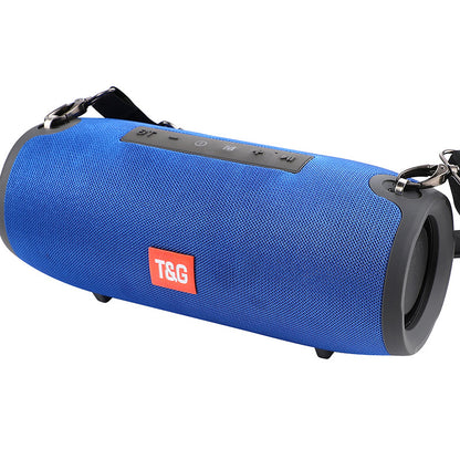 Blue portable wireless Bluetooth speaker with mesh fabric and black strap, T&G brand logo