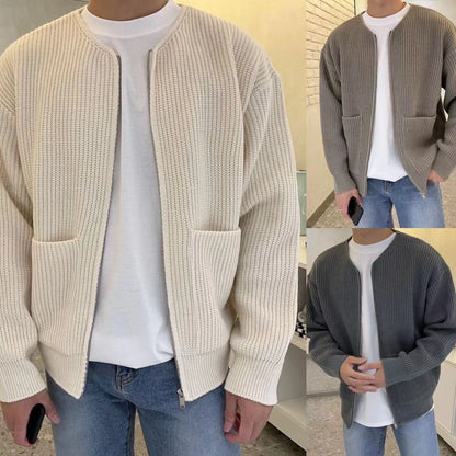Men Knitted Cardigan | Zip Up Sweater With Lined Funnel Neck & Pockets
