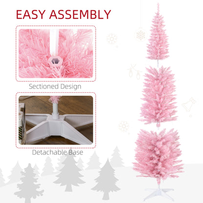 Pink artificial Christmas tree with detachable base and sectioned design for easy assembly
