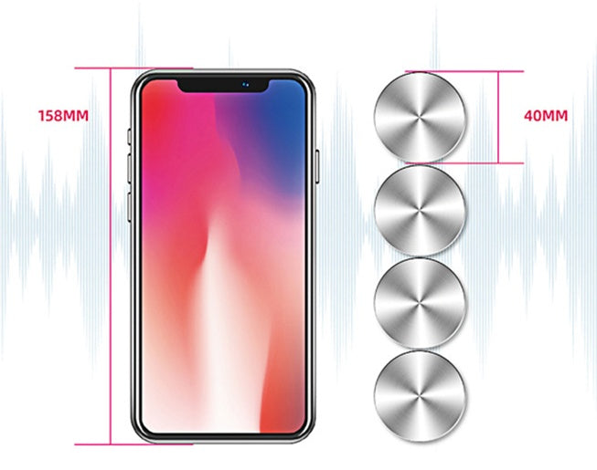 Smartphone with 158mm height next to four 40mm round silver discs on white background