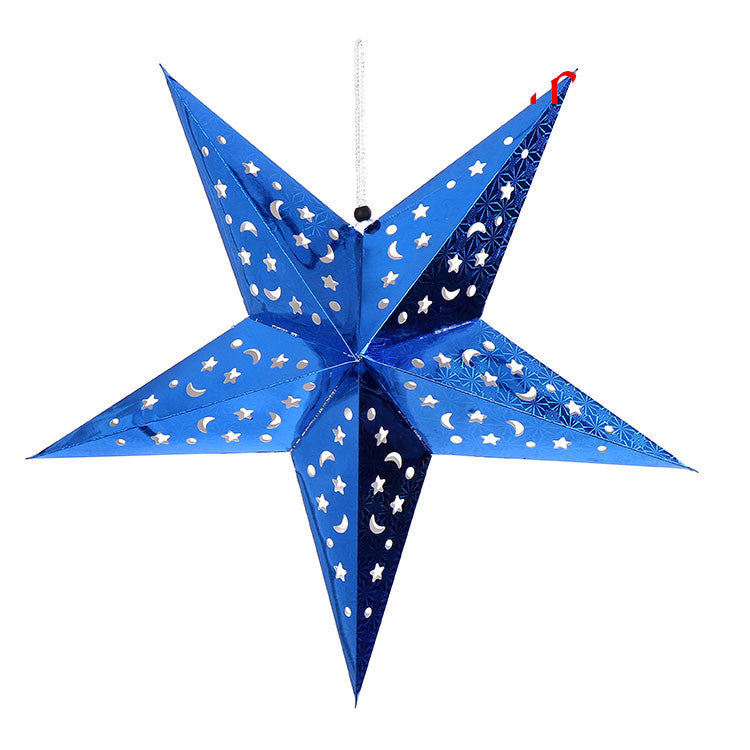 Blue star-shaped hanging lantern with moon and star cutouts on white background