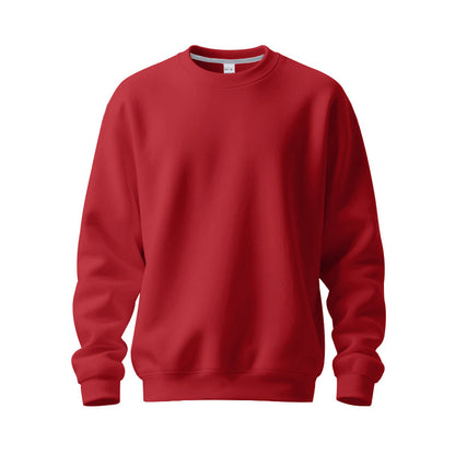 Plain red crewneck sweatshirt with long sleeves and ribbed cuffs on a white background