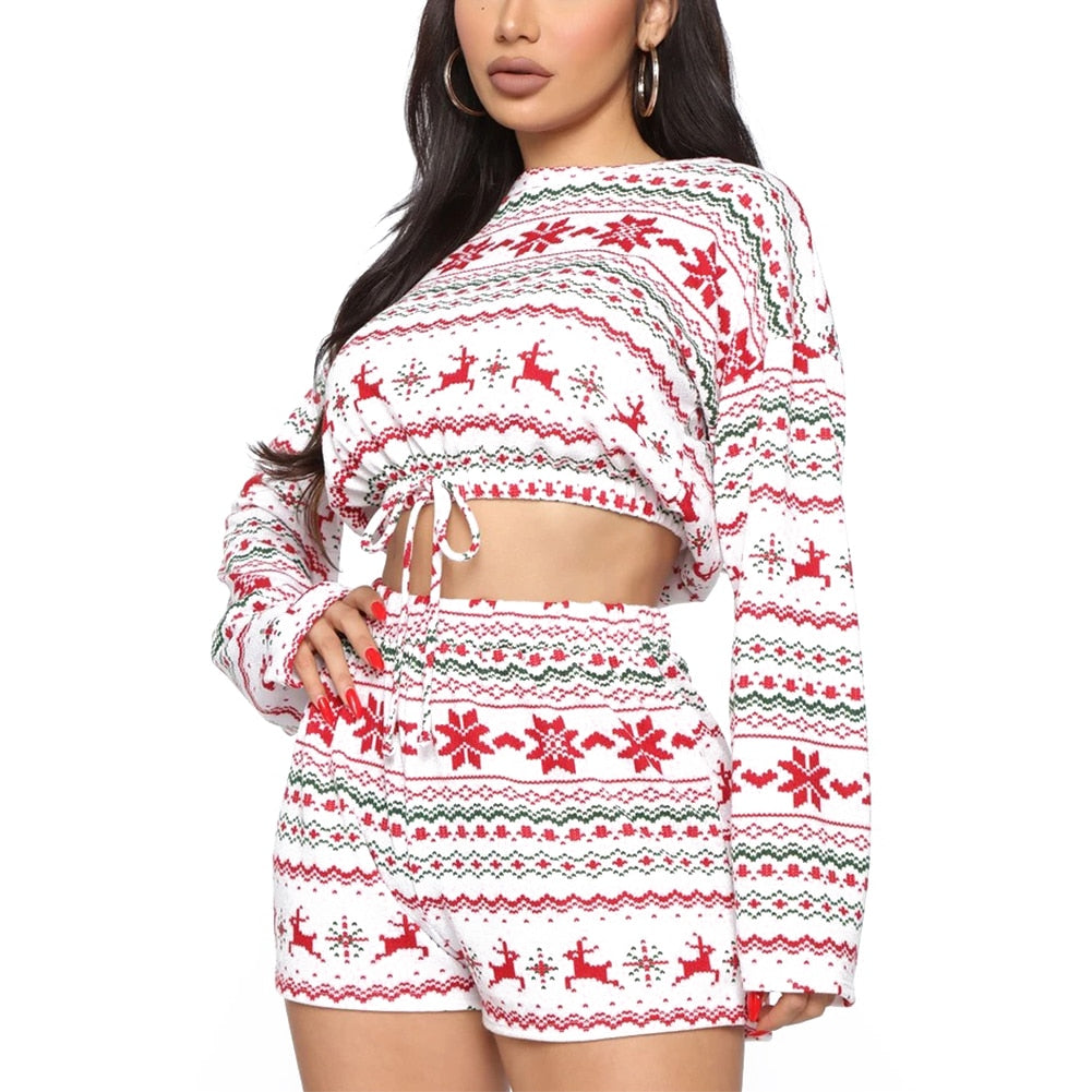 Women Christmas Pajamas | Breathable Polyester Pajama Set With Elastic Waistband Shorts