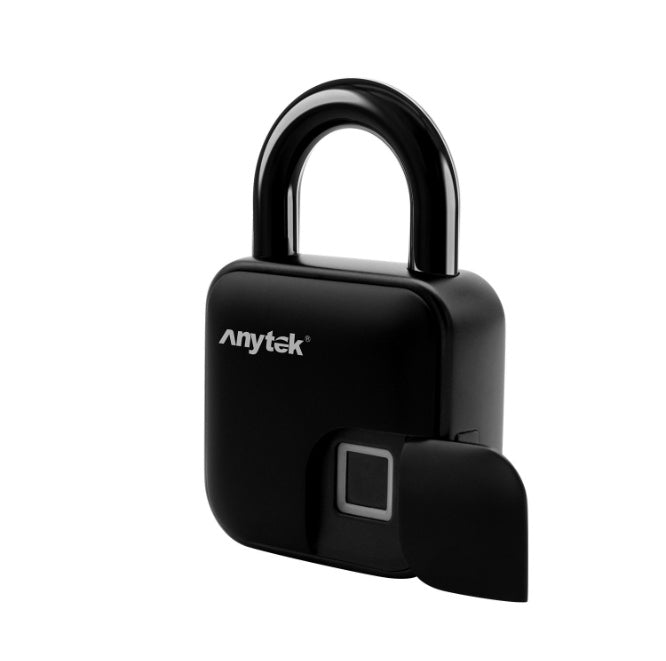 Black Anytek fingerprint padlock with metal shackle and protective cover on sensor