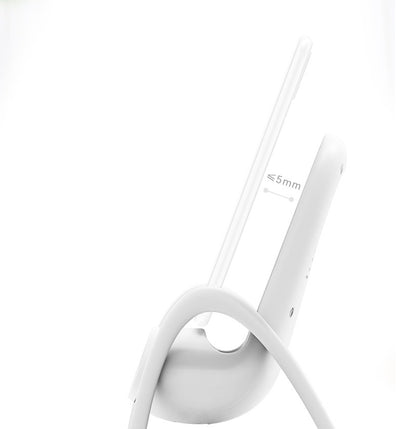 Close-up side view of white wireless Bluetooth headset with under 5mm microphone boom