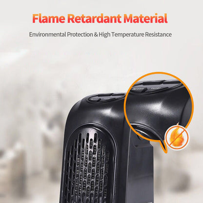 Black portable heater with flame retardant material and control buttons on top, environmental protection