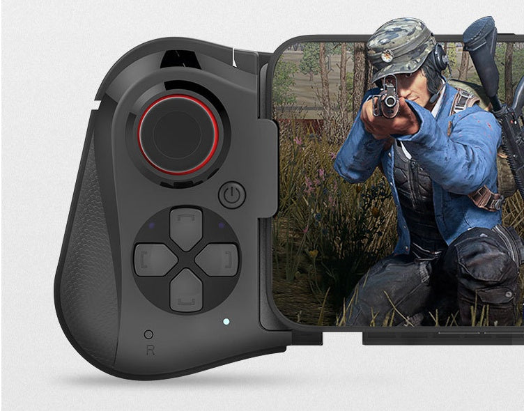 Black mobile gaming controller holding smartphone showing soldier aiming rifle in outdoor game