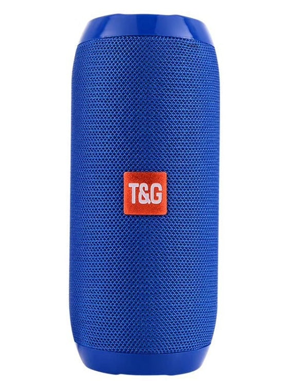 Blue T&G portable Bluetooth speaker with mesh exterior and red logo on front