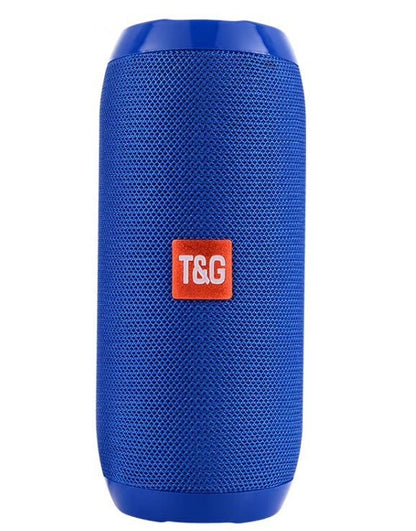 Blue T&G portable Bluetooth speaker with mesh exterior and red logo on front