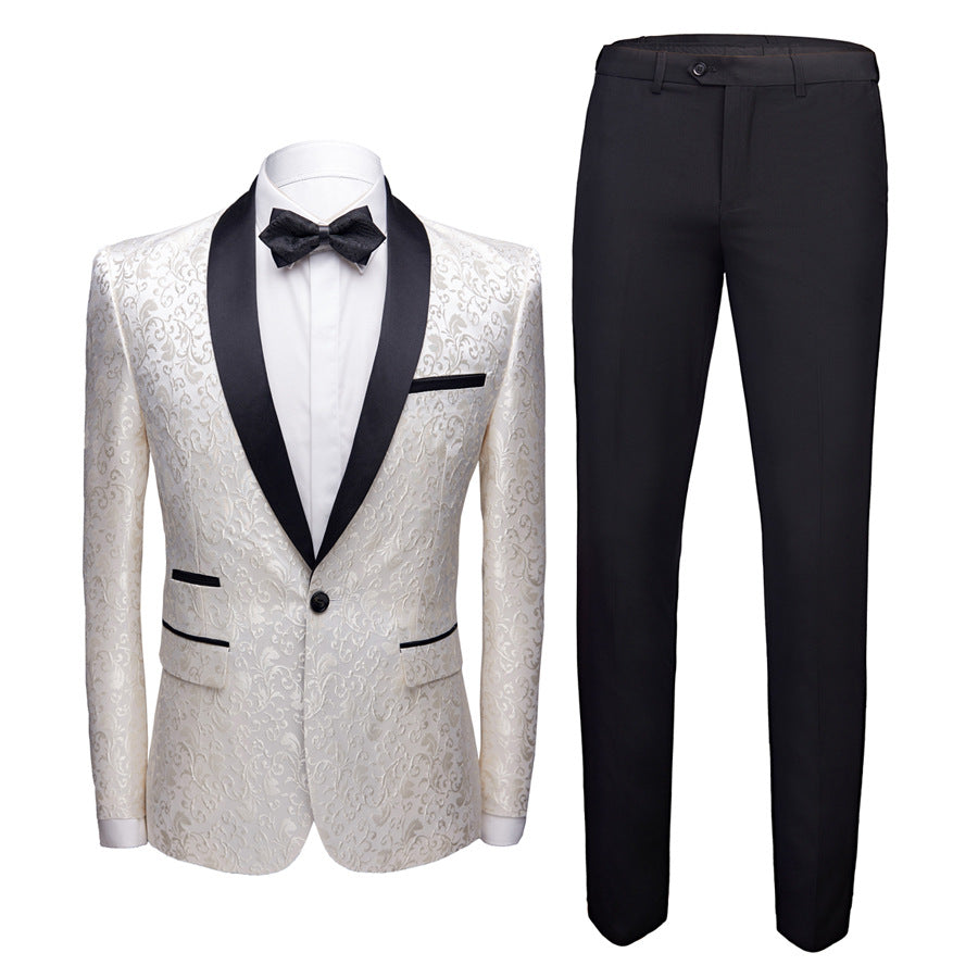 Elegant white floral jacquard tuxedo jacket with black lapels and bow tie paired with black formal pants