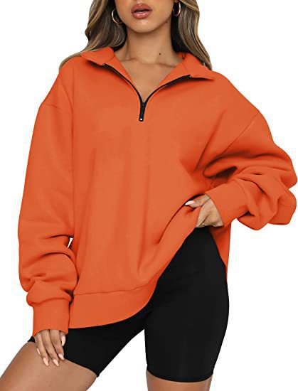 Women Zip Sweatshirt - Loose Pullover With Turndown Collar | Casual Tops
