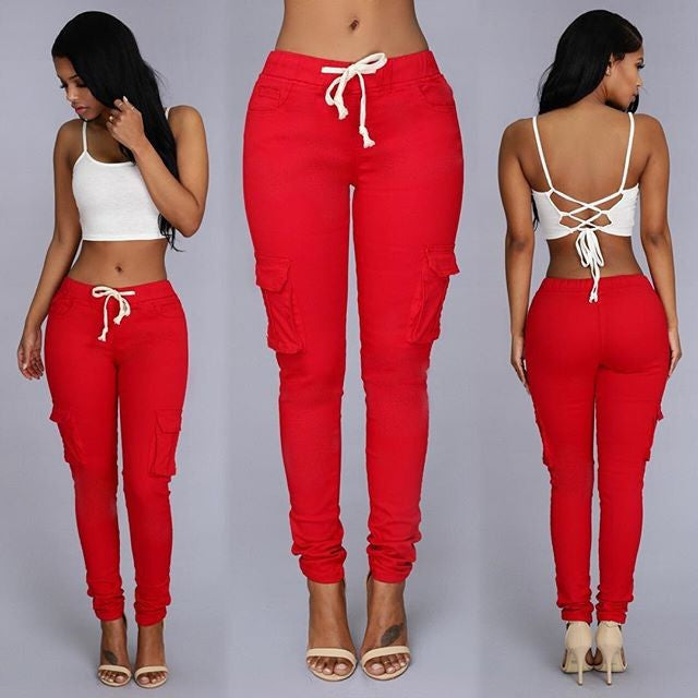 Women's Casual Pants - Multi-Pocket Cotton Trousers With Tight Fit And Middle Waist