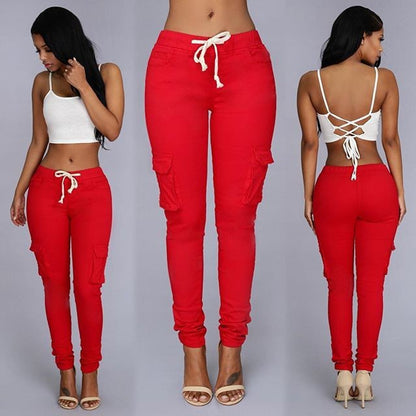 Women's Casual Pants - Multi-Pocket Cotton Trousers With Tight Fit And Middle Waist