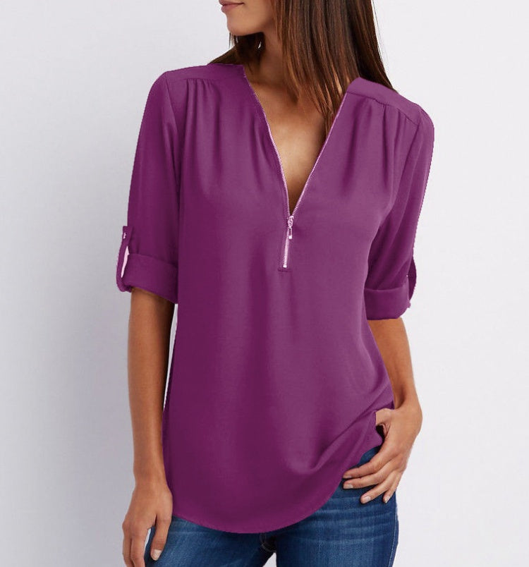Zip V-Neck Shirt Women - Loose Short Sleeve Tops, Breathable Dacron Fabric