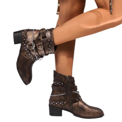 Women's Square Heel Boots | Denim Rivet Slip-On Ankle Shoes | Comfortable Mid Heel