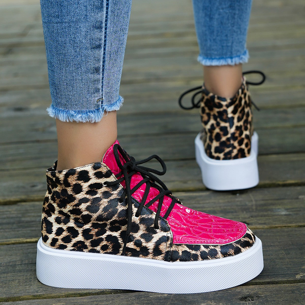 Leopard Print Women's Shoes | High-Top Casual Shoes With Flat Platform Sole